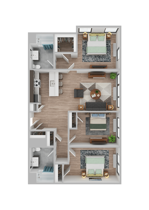 Floor plan for 3 beds, 2 baths, 1164 sqft
